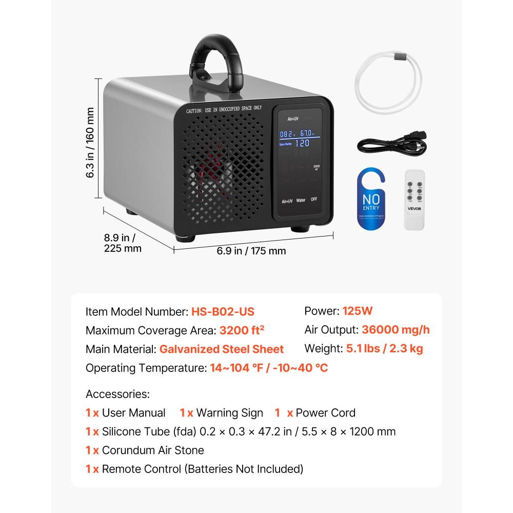 VEVOR Ozone Generator, 36000mg/h Commercial Ozone Machine, with 15s Delayed Start & Area-Based Timer & LCD Touchscreen Display, Industrial Deodorizer for Car, Smoke, Home Odors, Up to 3200 sq.ft