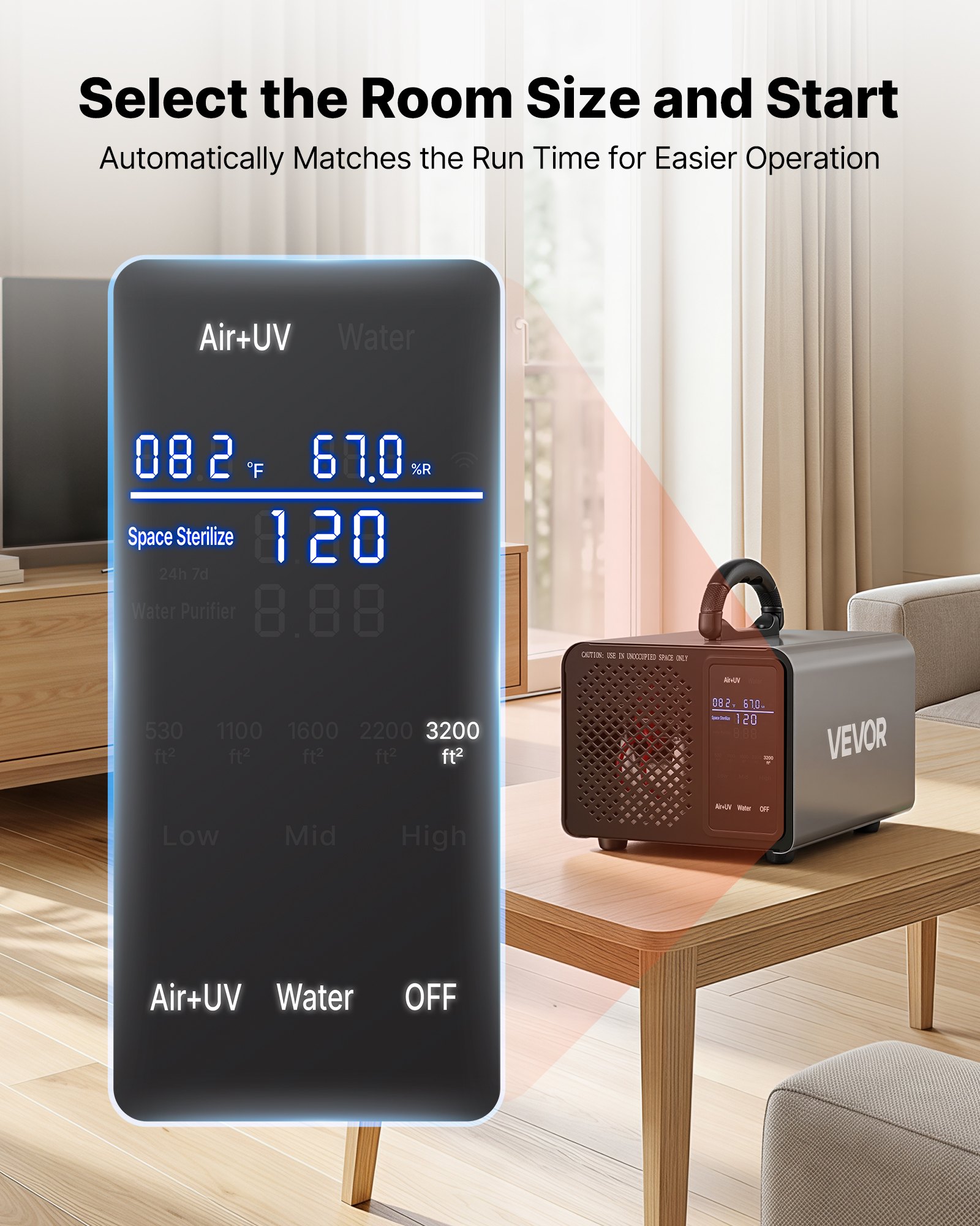 VEVOR Ozone Generator, 36000mg/h Commercial Ozone Machine, with 15s Delayed Start & Area-Based Timer & LCD Touchscreen Display, Industrial Deodorizer for Car, Smoke, Home Odors, Up to 3200 sq.ft