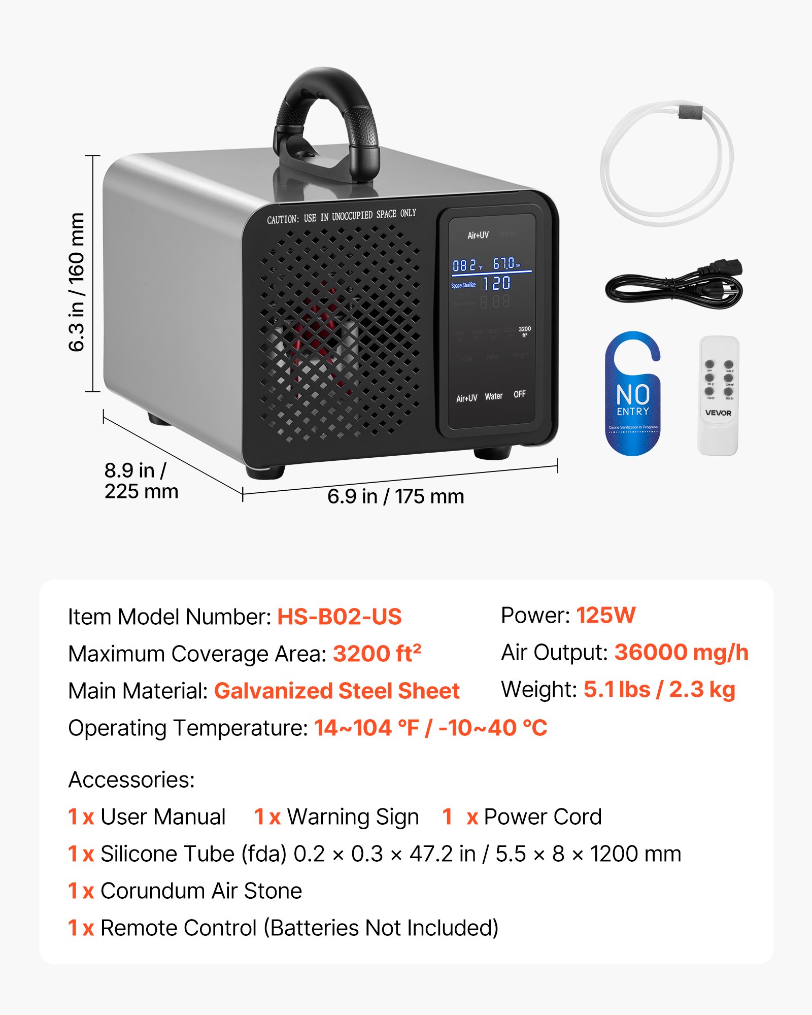 VEVOR Ozone Generator, 36000mg/h Commercial Ozone Machine, with 15s Delayed Start & Area-Based Timer & LCD Touchscreen Display, Industrial Deodorizer for Car, Smoke, Home Odors, Up to 3200 sq.ft