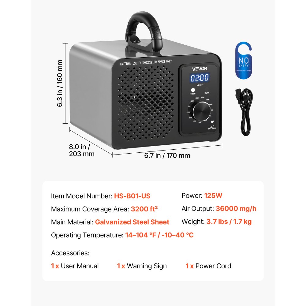 VEVOR Ozone Generator, 36000mg/h Commercial Ozone Machine, 15s Delayed Start & Timer & Rotary Encoder Knob & Odor-Treatment Cycle Mode, Industrial Deodorizer for Car, Smoke Odorss,Up to 3200 sq.ft