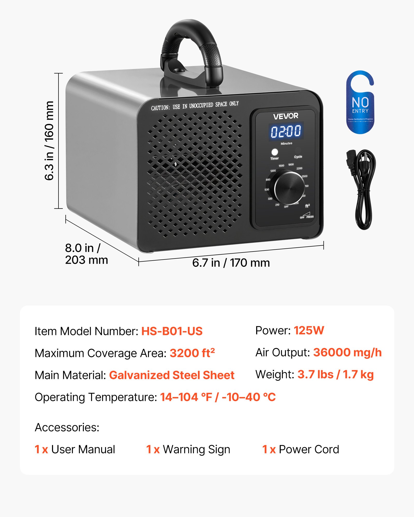 VEVOR Ozone Generator, 36000mg/h Commercial Ozone Machine, 15s Delayed Start & Timer & Rotary Encoder Knob & Odor-Treatment Cycle Mode, Industrial Deodorizer for Car, Smoke Odorss,Up to 3200 sq.ft