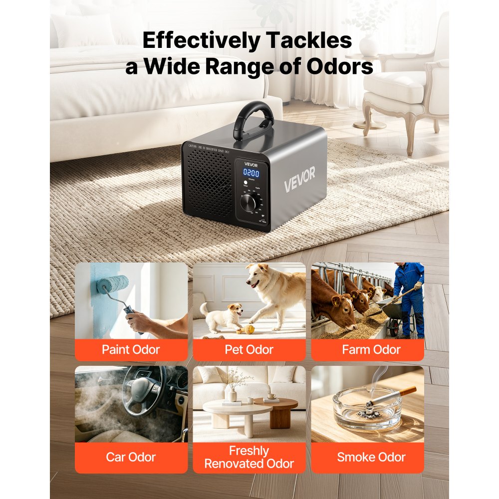VEVOR Ozone Generator, 36000mg/h Commercial Ozone Machine, 15s Delayed Start & Timer & Rotary Encoder Knob & Odor-Treatment Cycle Mode, Industrial Deodorizer for Car, Smoke Odorss,Up to 300 m²