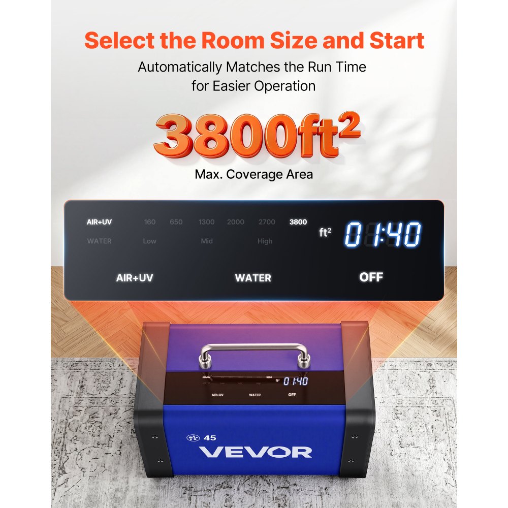 VEVOR Ozone Generator, 45000mg/h Commercial Ozone Machine, with 15s Delayed Start & Dual-Hose Water Mode & LCD Touchscreen, Industrial Deodorizer for Car, Smoke, Home Odors, Up to 3800 sq.ft