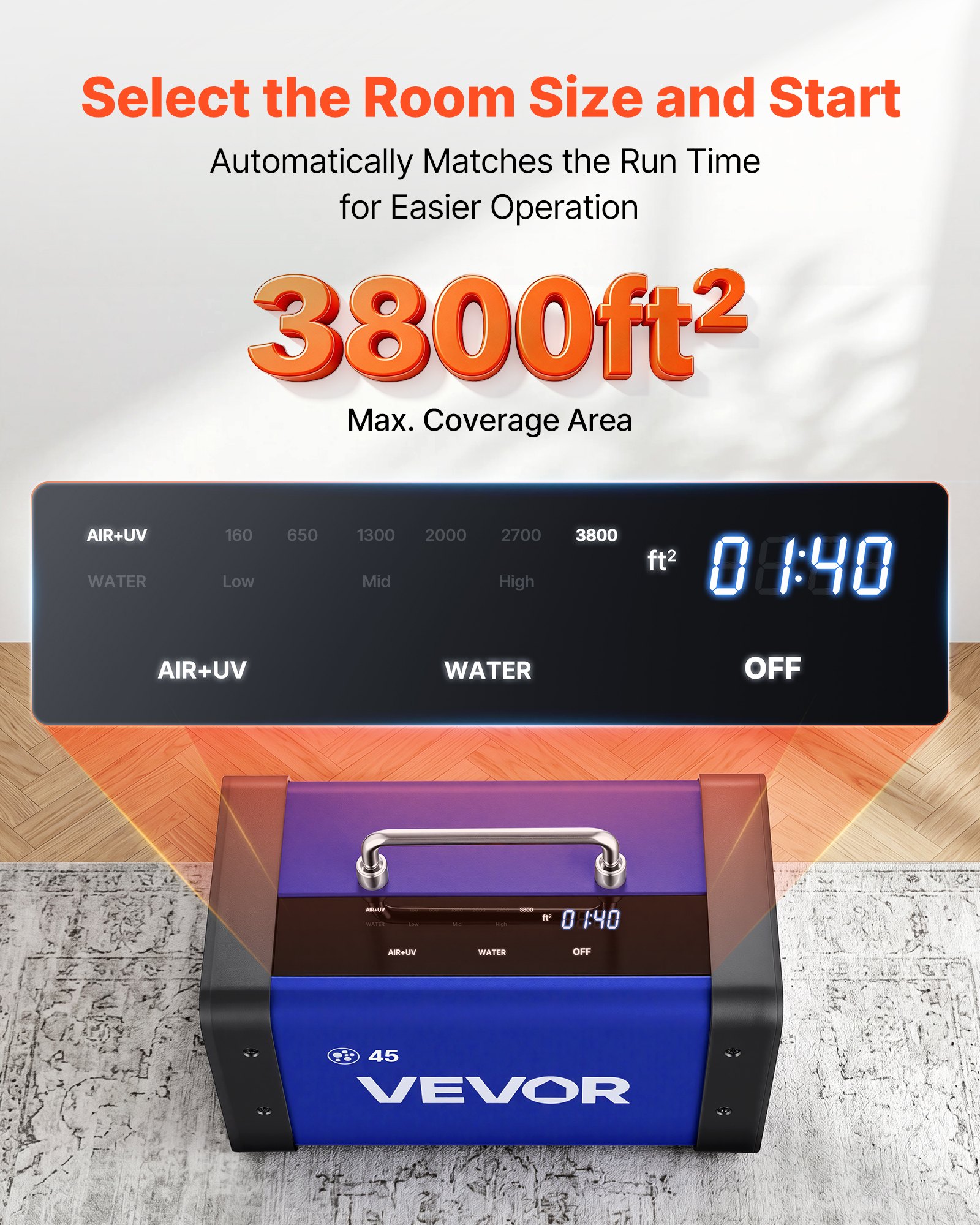 VEVOR Ozone Generator, 45000mg/h Commercial Ozone Machine, with 15s Delayed Start & Dual-Hose Water Mode & LCD Touchscreen, Industrial Deodorizer for Car, Smoke, Home Odors, Up to 3800 sq.ft