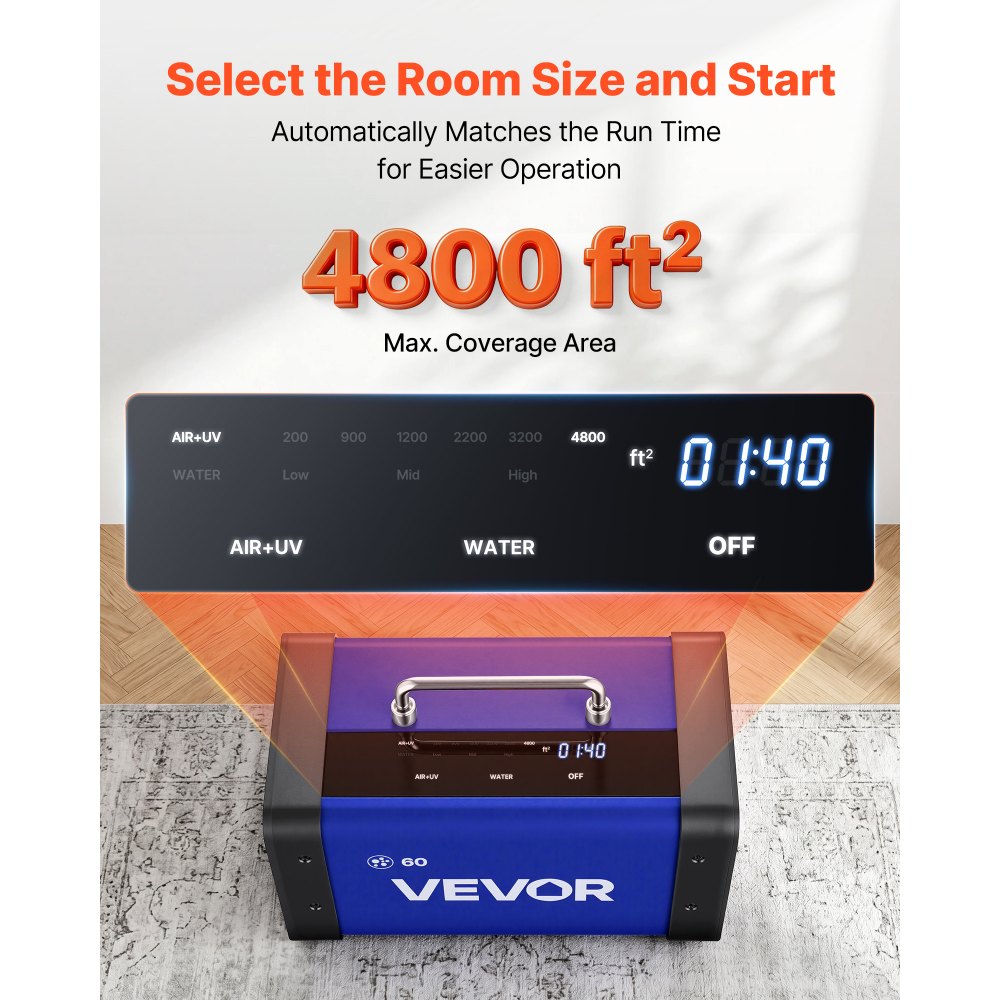 VEVOR Ozone Generator, 60000mg/h Commercial Ozone Machine, with 15s Delayed Start & Dual-Hose Water Mode & LCD Touchscreen, Industrial Deodorizer for Car, Smoke, Home Odors, Up to 4800 sq.ft