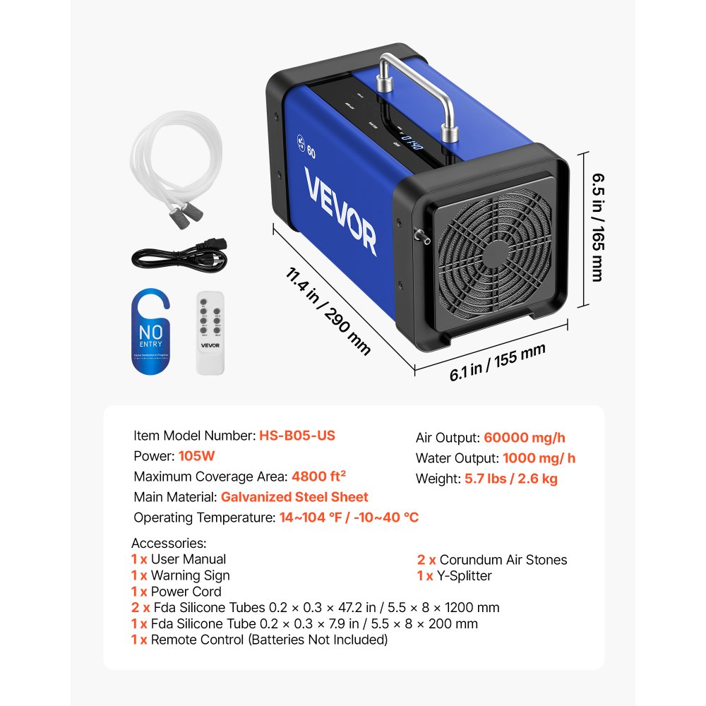 VEVOR Ozone Generator, 60000mg/h Commercial Ozone Machine, with 15s Delayed Start & Dual-Hose Water Mode & LCD Touchscreen, Industrial Deodorizer for Car, Smoke, Home Odors, Up to 4800 sq.ft