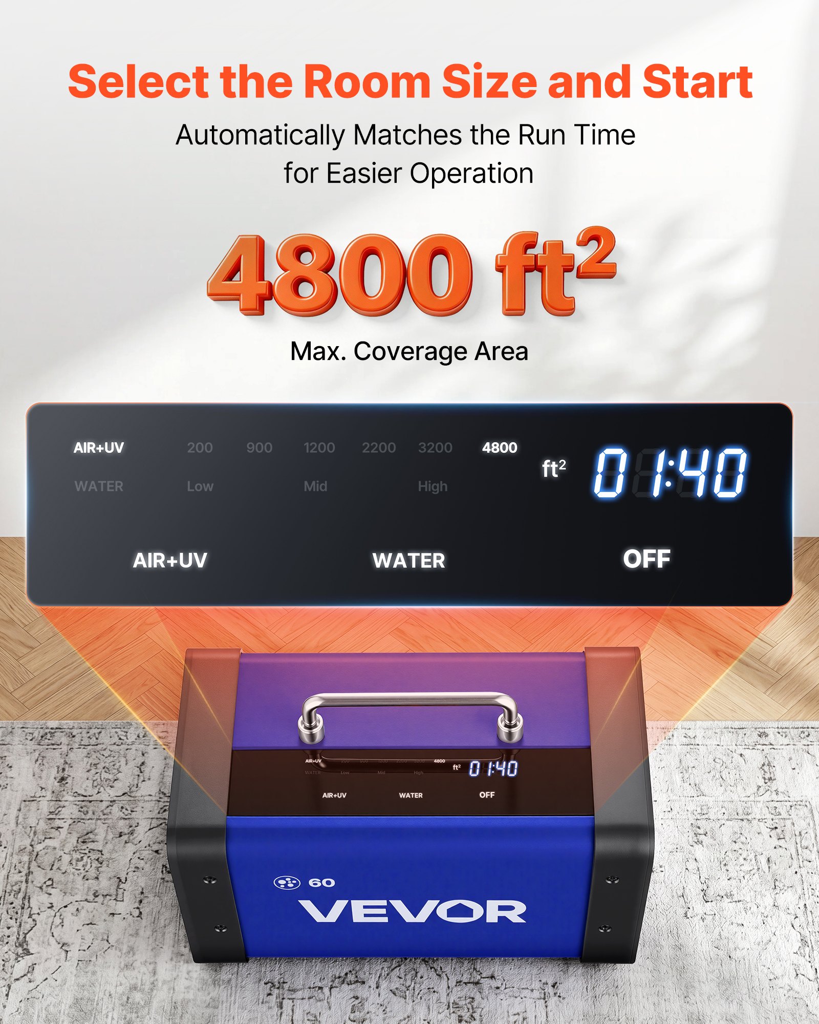 VEVOR Ozone Generator, 60000mg/h Commercial Ozone Machine, with 15s Delayed Start & Dual-Hose Water Mode & LCD Touchscreen, Industrial Deodorizer for Car, Smoke, Home Odors, Up to 4800 sq.ft
