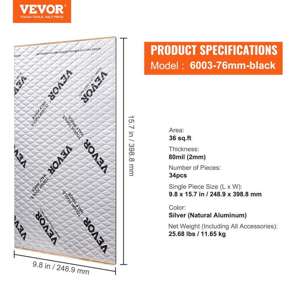 VEVOR Car Sound Deadening Mat, 80 mil 36 sqft Car Sound Dampening Material, Butyl Automotive Sound Deadener, Noise Insulation and Vibration Dampening Material for Car