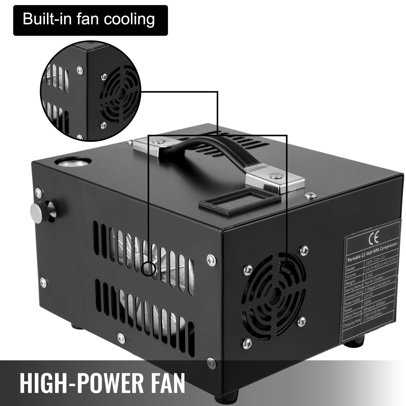 VEVOR PCP Air Compressor, 4500PSI/30Mpa Paintball Air Compressor, DC12V/AC110V Portable PCP Air Compressor, Manual-Stop PCP Air Rifle Pump, High Pressure Paintball and Scuba Tank Compressor Pump