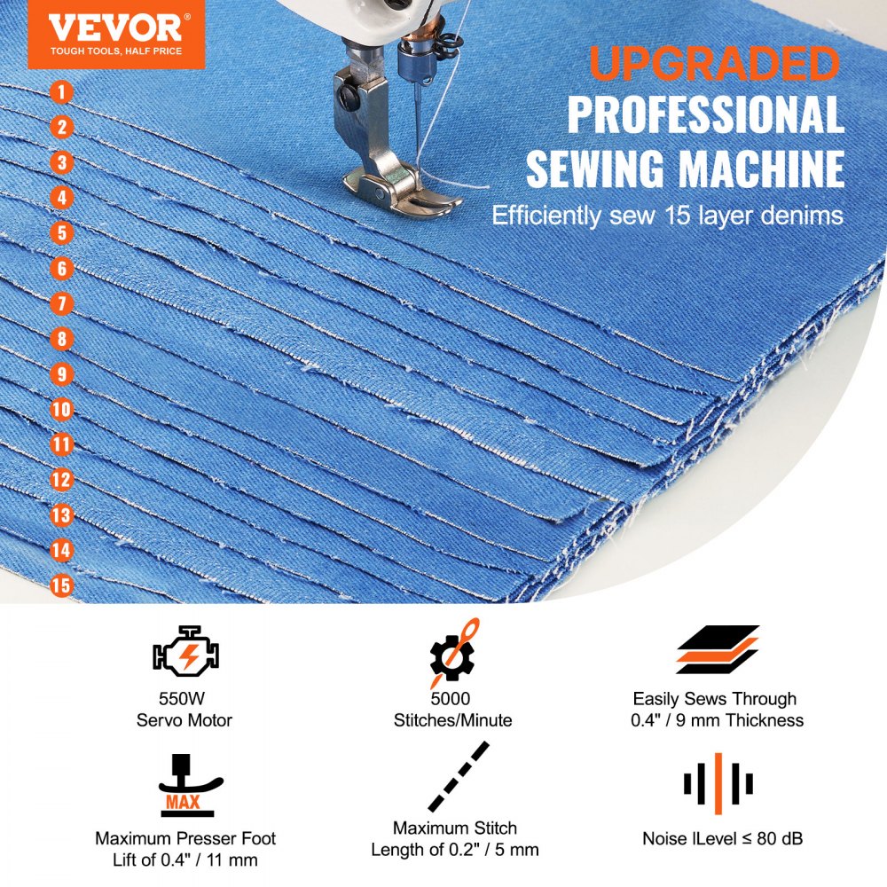 VEVOR Industrial Sewing Machine, Upgraded 550W Servo Motor with Table Stand, 5000s.p.m Heavy Duty Lockstitch Sewing Machine, High Speed, Clear Control Panel and Electro-mechanization Start-stop