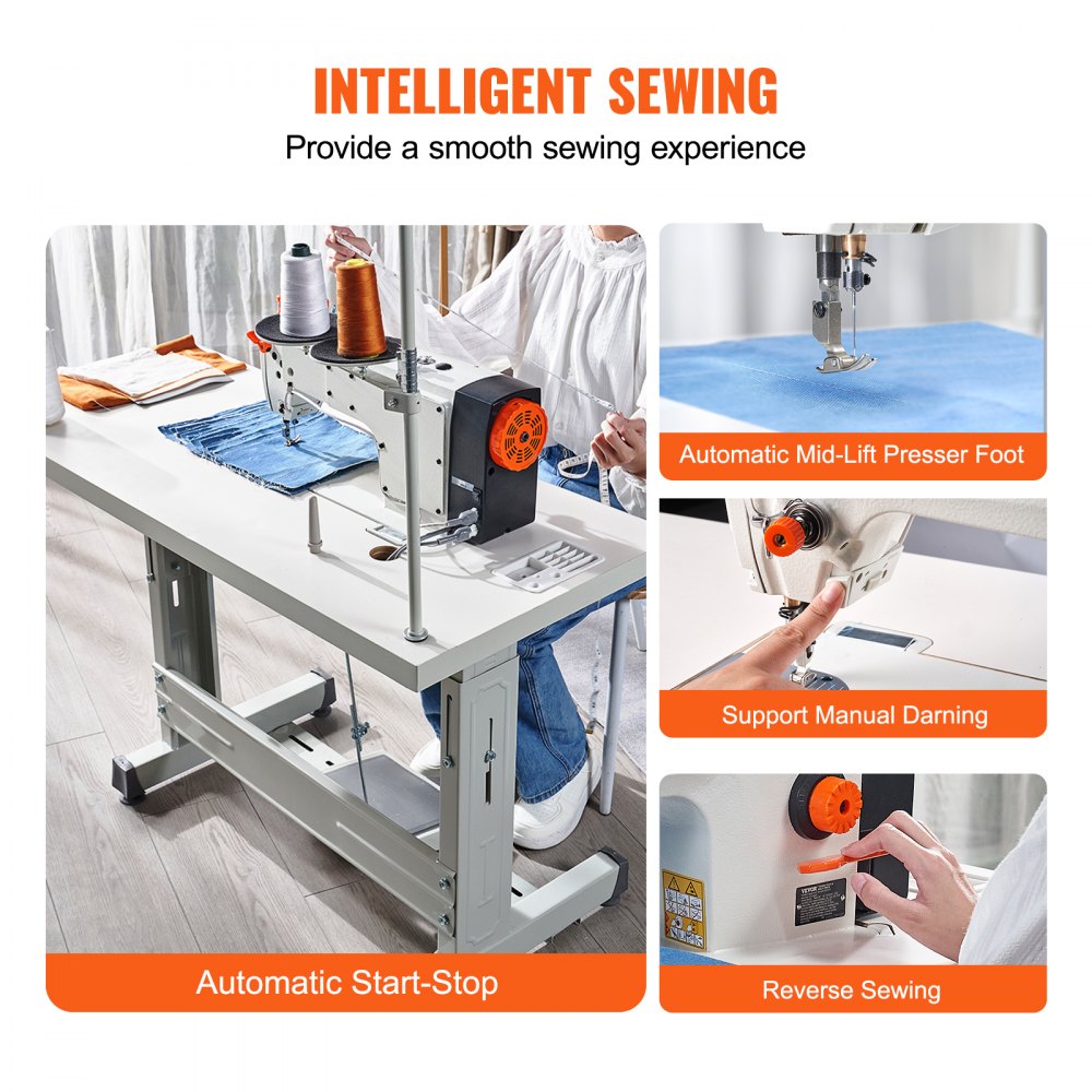 VEVOR Industrial Sewing Machine, Upgraded 550W Servo Motor with Table Stand, 5000s.p.m Heavy Duty Lockstitch Sewing Machine, High Speed, Clear Control Panel and Electro-mechanization Start-stop