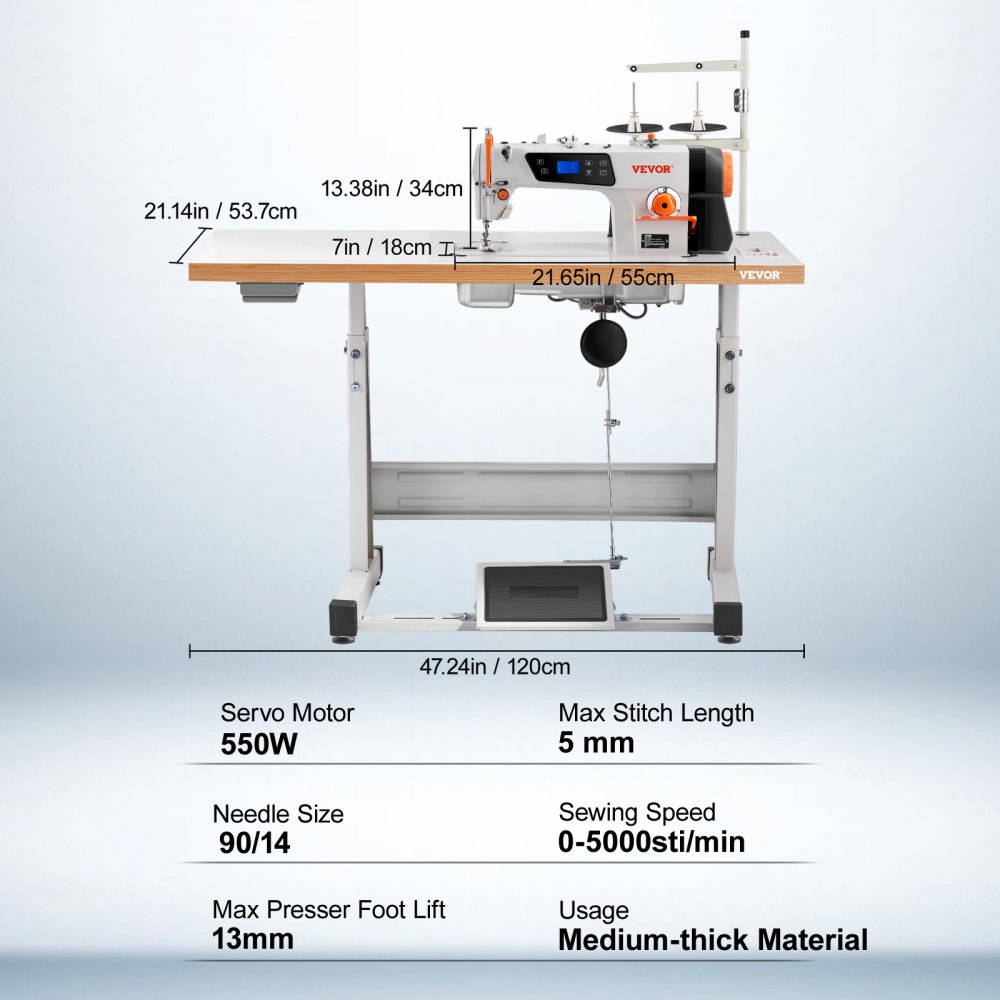 VEVOR Industrial Sewing Machine, 550W Heavy-duty Lockstitch Sewing Machine with Servo Motor Table Stand, Electro-mechanization Intelligent Start-stop, 0-5mm Industrial Straight Stitch 5000s.p.m