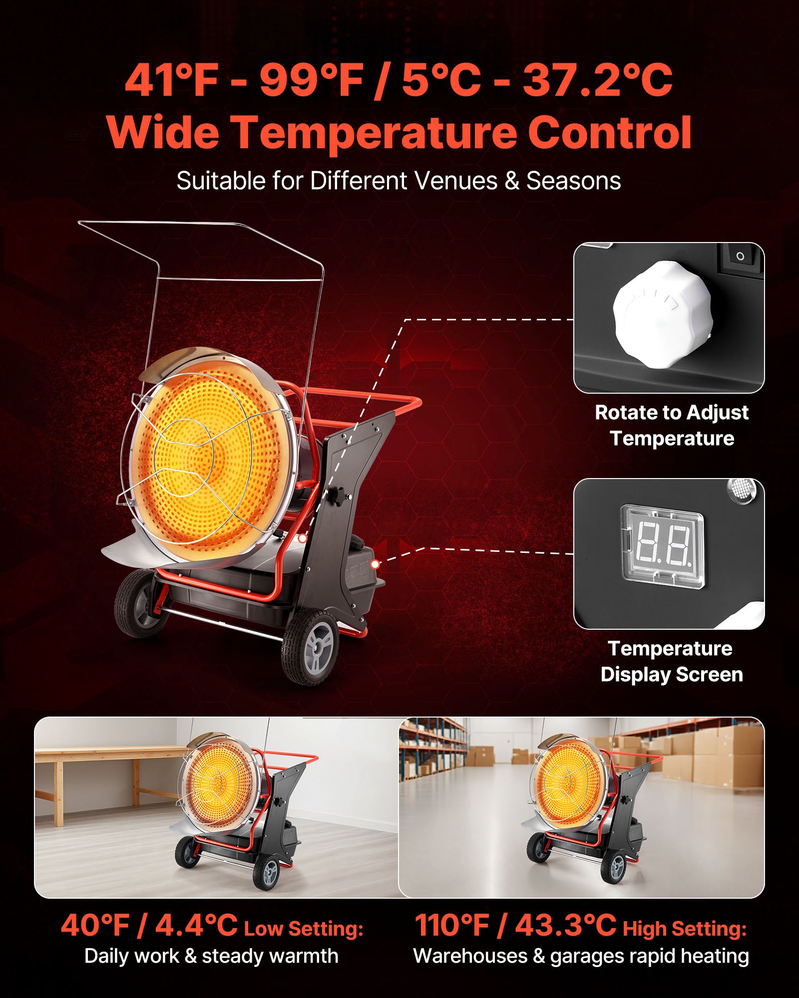 VEVOR 125000 BTU Radiant Kerosene Diesel Heater, Portable Industrial Space Heater with Adjustable Temp & Wheels, Ideal for Jobsite/Garage/Warehouse/Workshop Construction Heating,Black