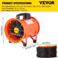 Ventilador cilíndrico de alta resistencia con manguera de vinilo de 10 m, soplador de uso general portátil de alta velocidad/ventilador de manguera axial de escape de 8 pulgadas, color naranja