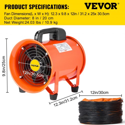 VEVOR  230W 220V Ventilation Axial Blower Workshop Dust Fume Air Extractor Fan 8 Inches Electrical Pivoting Blower with 10M Duct Hose