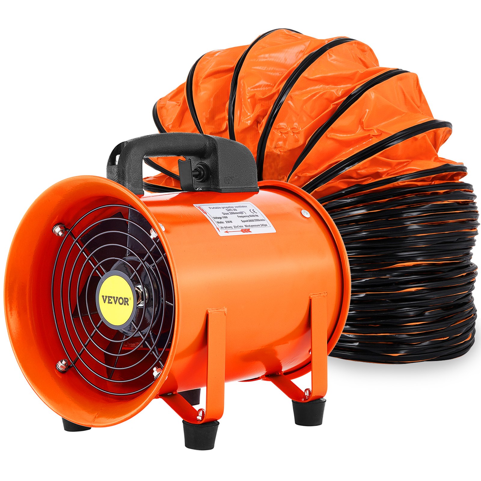 Heavy Duty Cylinder Fan with 10m Vinyl Hose High Velocity Portable Utility Blower/Exhaust Axial Hose Fan 8-Inch Orange