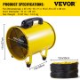 VEVOR Portable Ventilator 10”Portable Ventilation Fan 1750-2800m3/h Utility Blower Explosion Proof Fan 320W Confined Space Fan w/10M Blower Hose Cylinder Fan for Factories Ventilation Blower