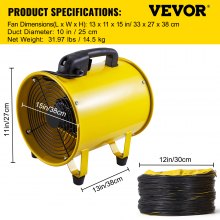 VEVOR Ventilateur portable 10"Ventilateur portable 1750-2800 m3/h Ventilateur utilitaire antidéflagrant 320 W Ventilateur pour espace confiné avec tuyau de soufflage de 10 m, ventilateur cylindrique pour usines