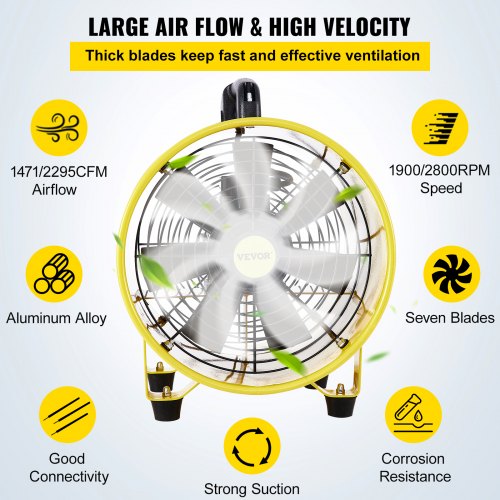 VEVOR Utility Blower Fan, 12 Inches, 550W 1471 & 2295 CFM High Velocity Ventilator w/ 16 ft/5 m Duct Hose, Portable Ventilation Fan, Fume Extractor for Exhausting & Ventilating at Home and Job Site