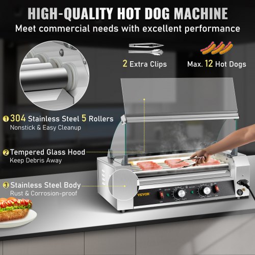 VEVOR Hot Dog Roller, 12 Hot Dog Capacity 5 Rollers, 750W Stainless Steel Cook Warmer Machine with Cover & Dual Temp Control, LED Light & Detachable Drip Tray, Sausage Grill Cooker for Kitchen Canteen