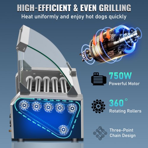 VEVOR Hot Dog Roller, 12 Hot Dog Capacity 5 Rollers, 750W Stainless Steel Cook Warmer Machine with Cover & Dual Temp Control, LED Light & Detachable Drip Tray, Sausage Grill Cooker for Kitchen Canteen