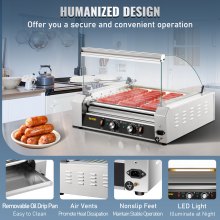 VEVOR Hot Dog Roller, 30 Hot Dog Capacity 11 Rollers, 1800W Stainless Steel Cook Warmer Machine w/ Cover & Dual Temp Control, LED Light & Detachable Drip Tray, Sausage Grill Cooker for Kitchen Canteen