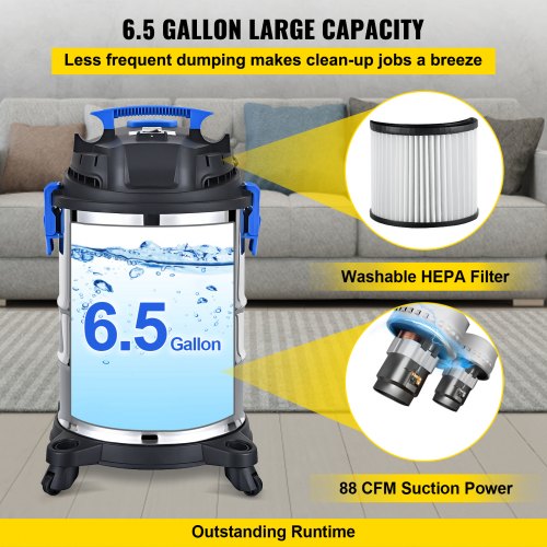 VEVOR Wet Dry Dust Extractor Vacuum Industrial Collector w/ HEPA Filter 6.5 Gal.