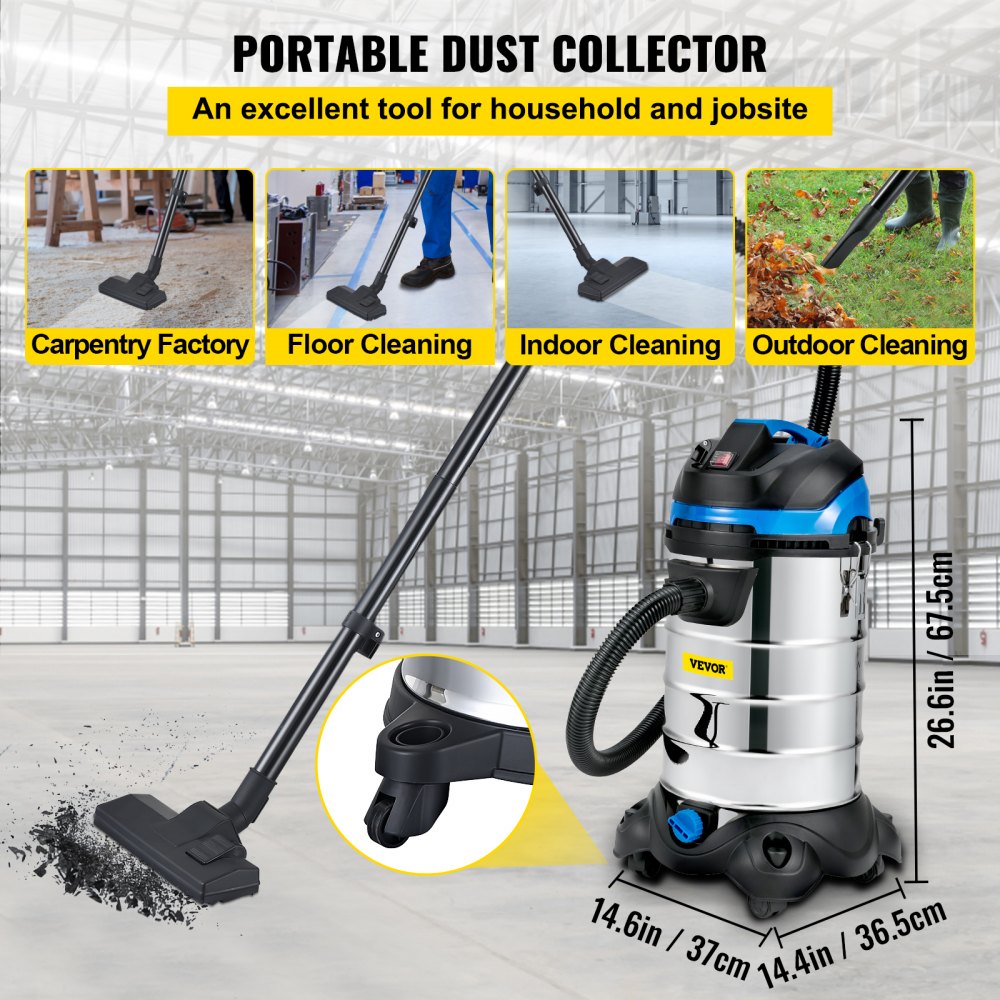 VEVOR Dust Extractor Collector, 30L / 8 Gallon Capacity, HEPA Filtration System Automatic Dust Shaking, 1200W Powerful Motor Wet & Dry Vacuum Cleaner, Heavy-Duty Shop Vacuum with Attachments