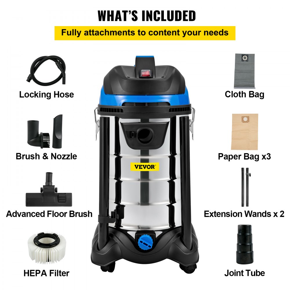 VEVOR Dust Extractor Collector, 30L / 8 Gallon Capacity, HEPA Filtration System Automatic Dust Shaking, 1200W Powerful Motor Wet & Dry Vacuum Cleaner, Heavy-Duty Shop Vacuum with Attachments
