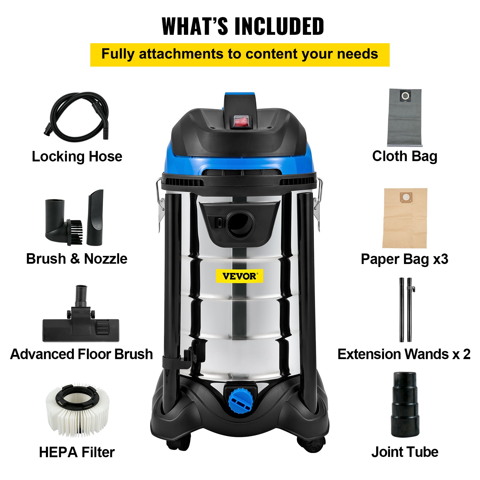 VEVOR Dust Extractor Collector, 30L / 8 Gallon Capacity, HEPA Filtration System Automatic Dust Shaking, 1200W Powerful Motor Wet & Dry Vacuum Cleaner, Heavy-Duty Shop Vacuum with Attachments