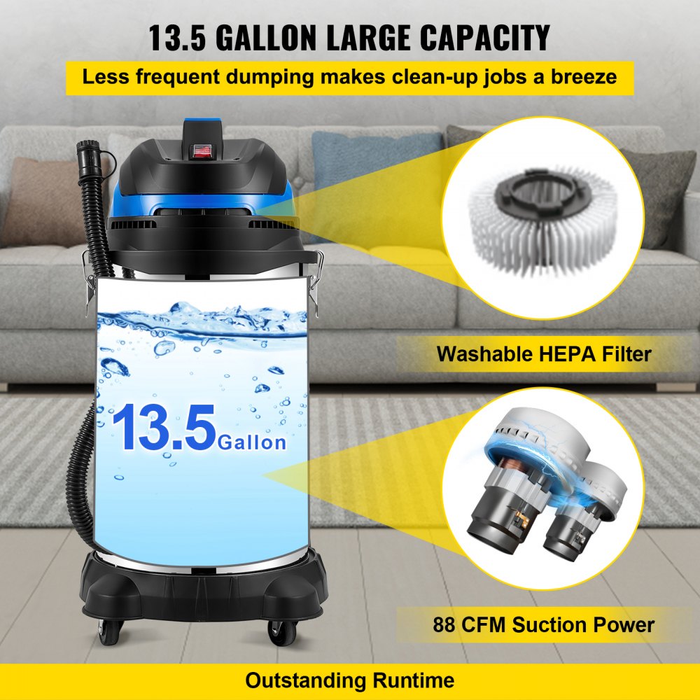 VEVOR Wet/Dry Vacuum, 13.5 Gallon Capacity, HEPA Filtration Automatic Dust Shaking, 1200 W Powerful Motor Dust Collector, Heavy-Duty Shop Vacuum with Attachments, ETL Listed