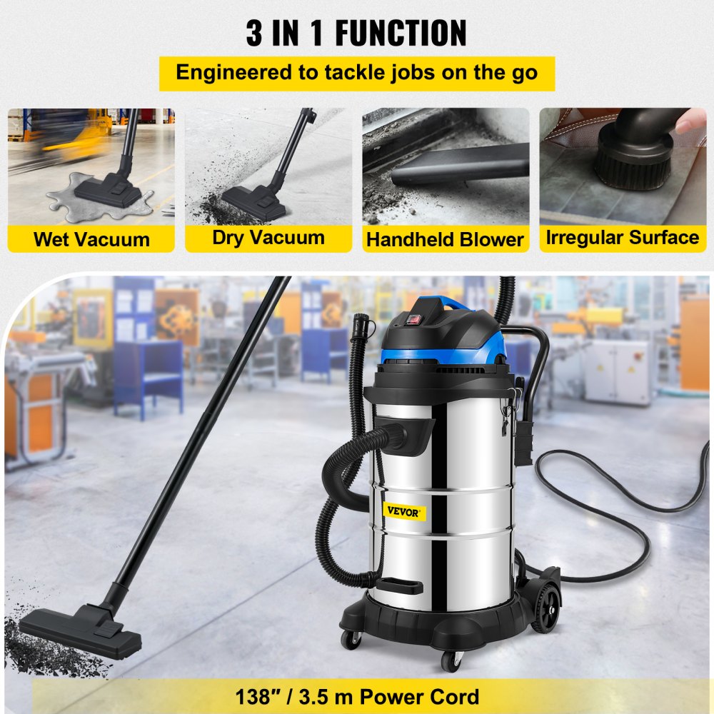 VEVOR Wet/Dry Vacuum, 13.5 Gallon Capacity, HEPA Filtration Automatic Dust Shaking, 1200 W Powerful Motor Dust Collector, Heavy-Duty Shop Vacuum with Attachments, ETL Listed