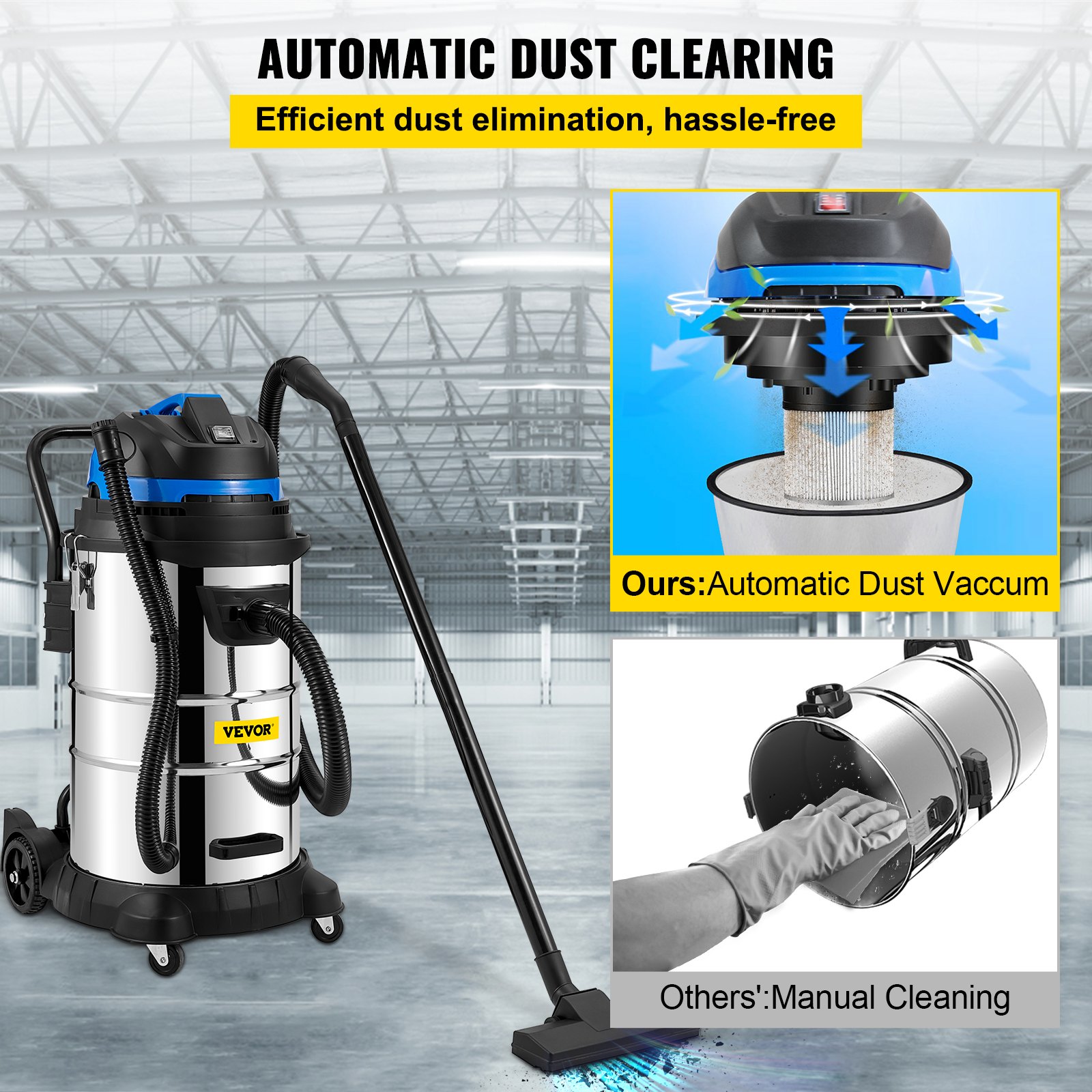 VEVOR Wet/Dry Vacuum, 13.5 Gallon Capacity, HEPA Filtration Automatic Dust Shaking, 1200 W Powerful Motor Dust Collector, Heavy-Duty Shop Vacuum with Attachments, ETL Listed