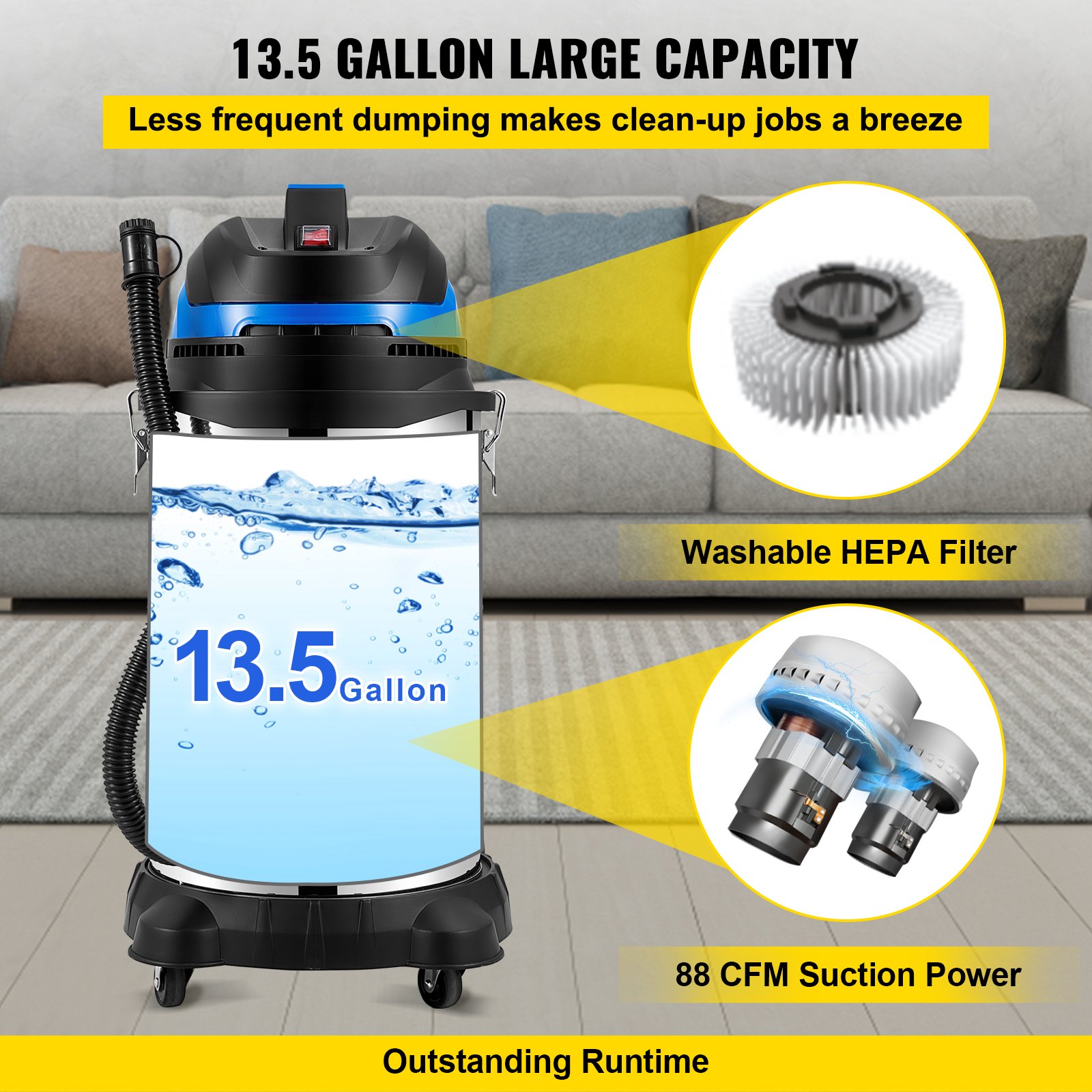 VEVOR Wet/Dry Vacuum, 13.5 Gallon Capacity, HEPA Filtration Automatic Dust Shaking, 1200 W Powerful Motor Dust Collector, Heavy-Duty Shop Vacuum with Attachments, ETL Listed
