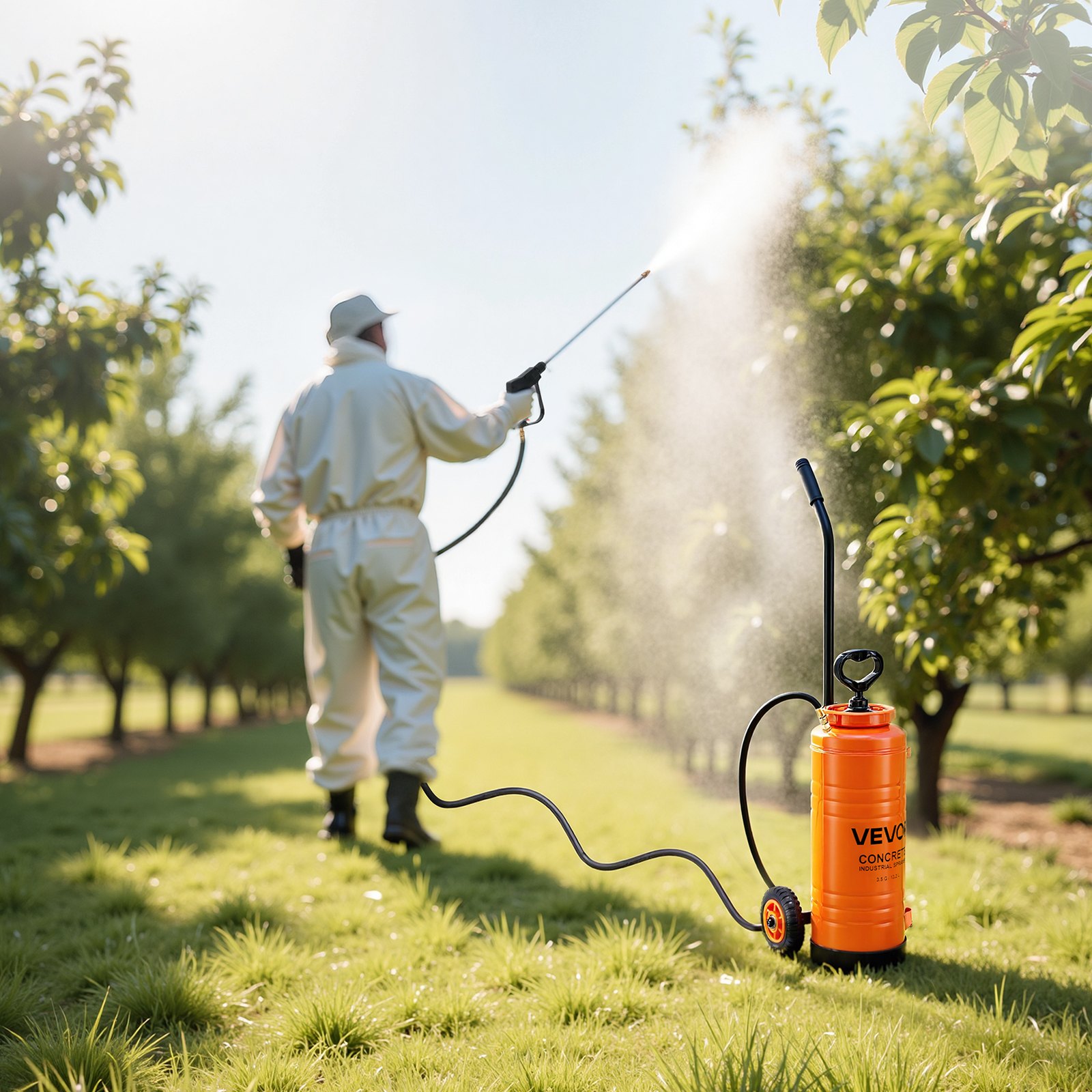 VEVOR Industrial Concrete Sprayer with Wheeled Cart, 3.5 Gallon Stainless Steel Sprayer, Heavy Duty Tri-Poxy Pump Sprayers, 20.5"Wand, 48" & 120"Hoses, 2 Brass Nozzles for Construction, Lawn & Garden