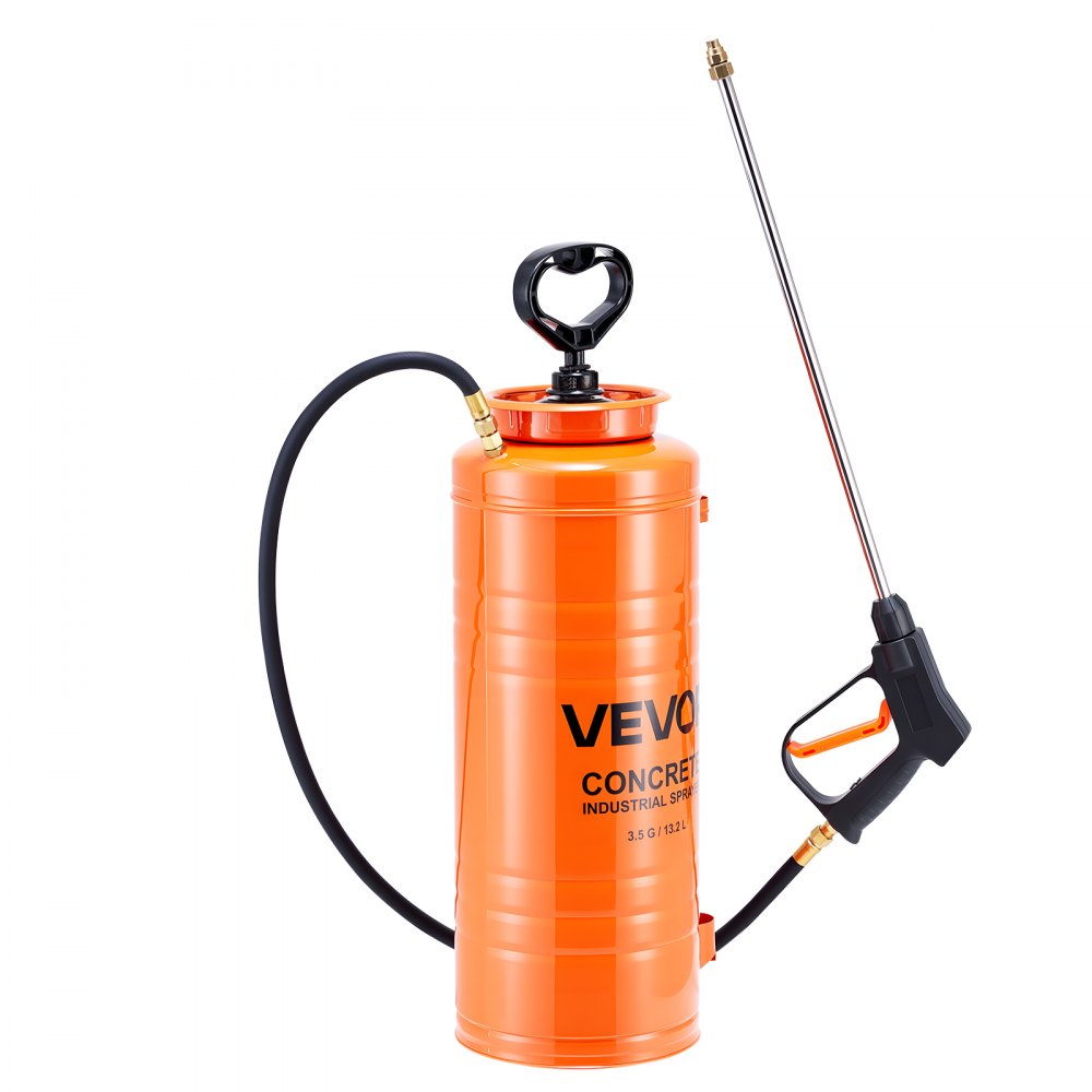 VEVOR Industrial Concrete Sprayer, 3.5 Gallon Stainless Steel Sprayer, Heavy Duty Tri-Poxy Pump Sprayers, 20.5"Wand with Ergonomic Gun Handle, 48"& 120"Hose, 2 Brass Nozzles for Construction, Garden
