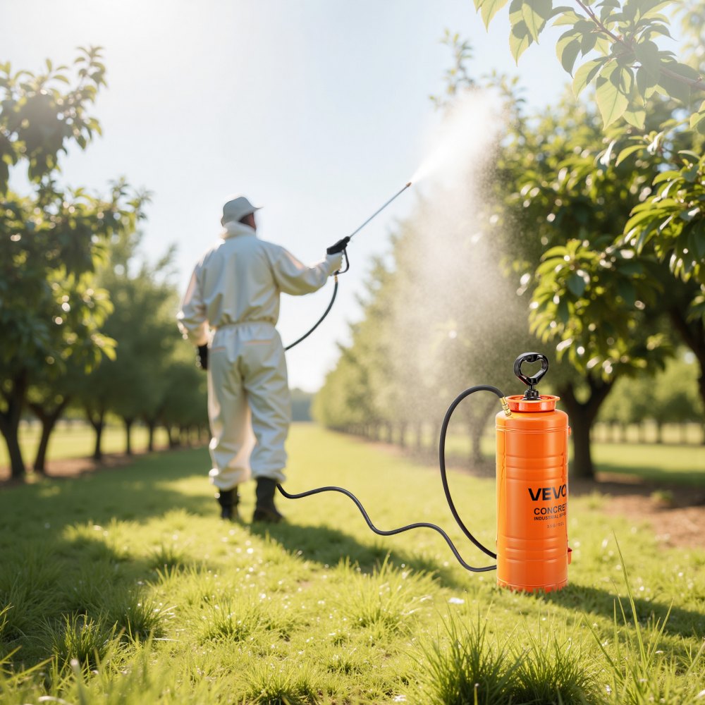 VEVOR Industrial Concrete Sprayer, 14L Stainless Steel Sprayer, Heavy Duty Tri-Poxy Pump Sprayers, 52cm Wand with Ergonomic Gun Handle, 1.2m & 3m Hoses, 2 Brass Nozzles for Construction, Garden