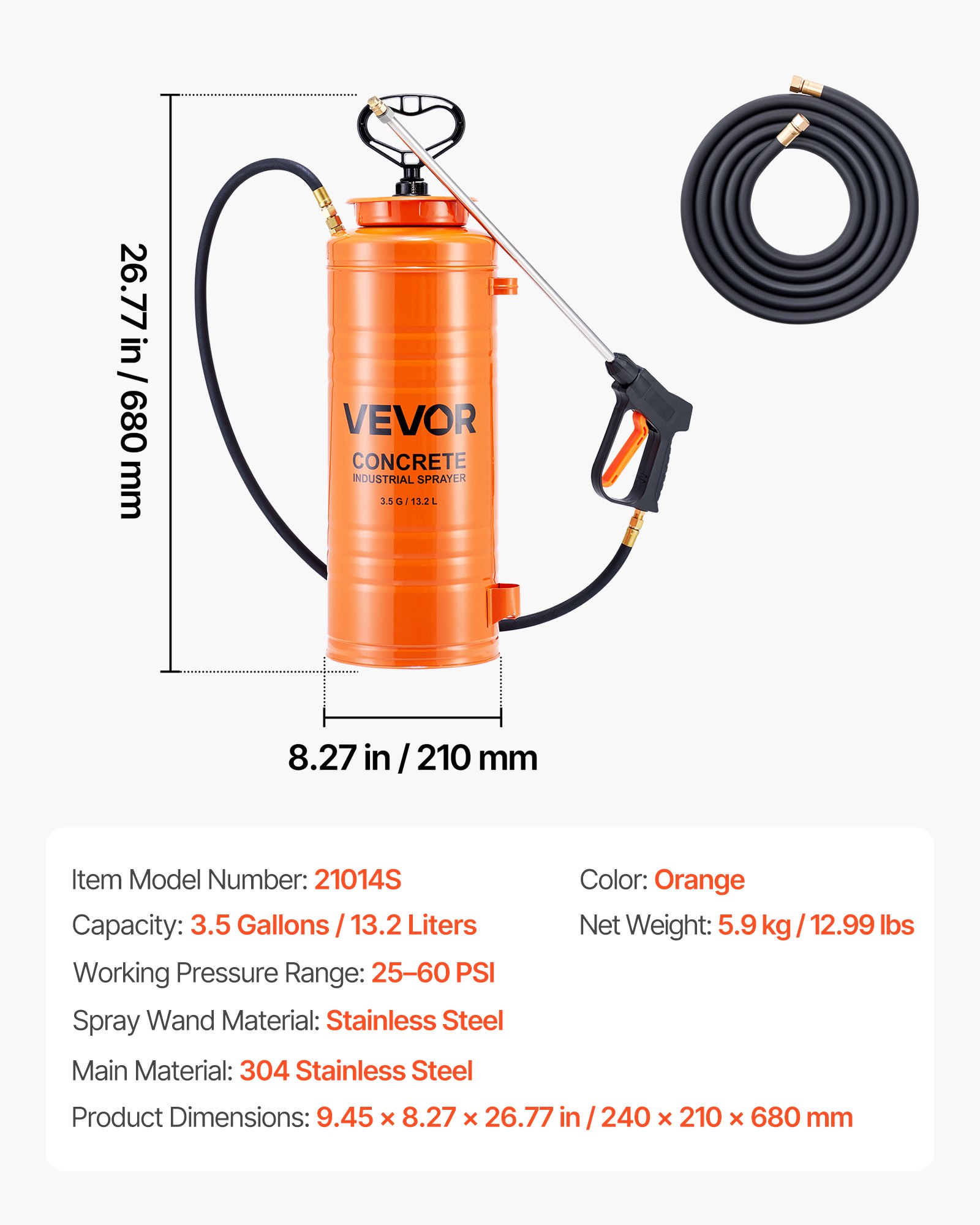 VEVOR Industrial Concrete Sprayer, 14L Stainless Steel Sprayer, Heavy Duty Tri-Poxy Pump Sprayers, 52cm Wand with Ergonomic Gun Handle, 1.2m & 3m Hoses, 2 Brass Nozzles for Construction, Garden