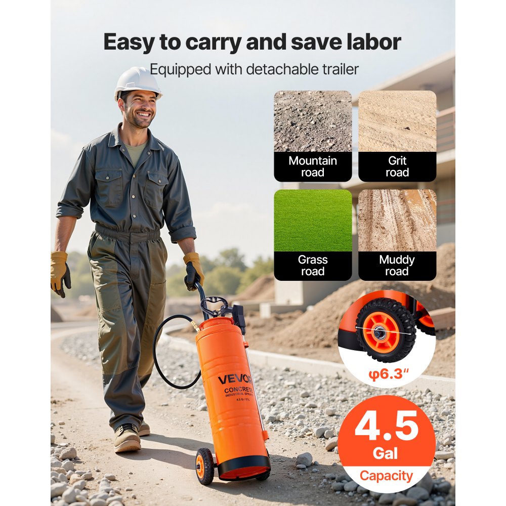 VEVOR Industrial Sprayer, 17L Large Capacity, Stainless Steel Concrete Sprayer with Ergonomic Handle & Removable Cart, 1.2 m & 3 m Hose, Concrete Sealer Sprayers for Form Oils Construction
