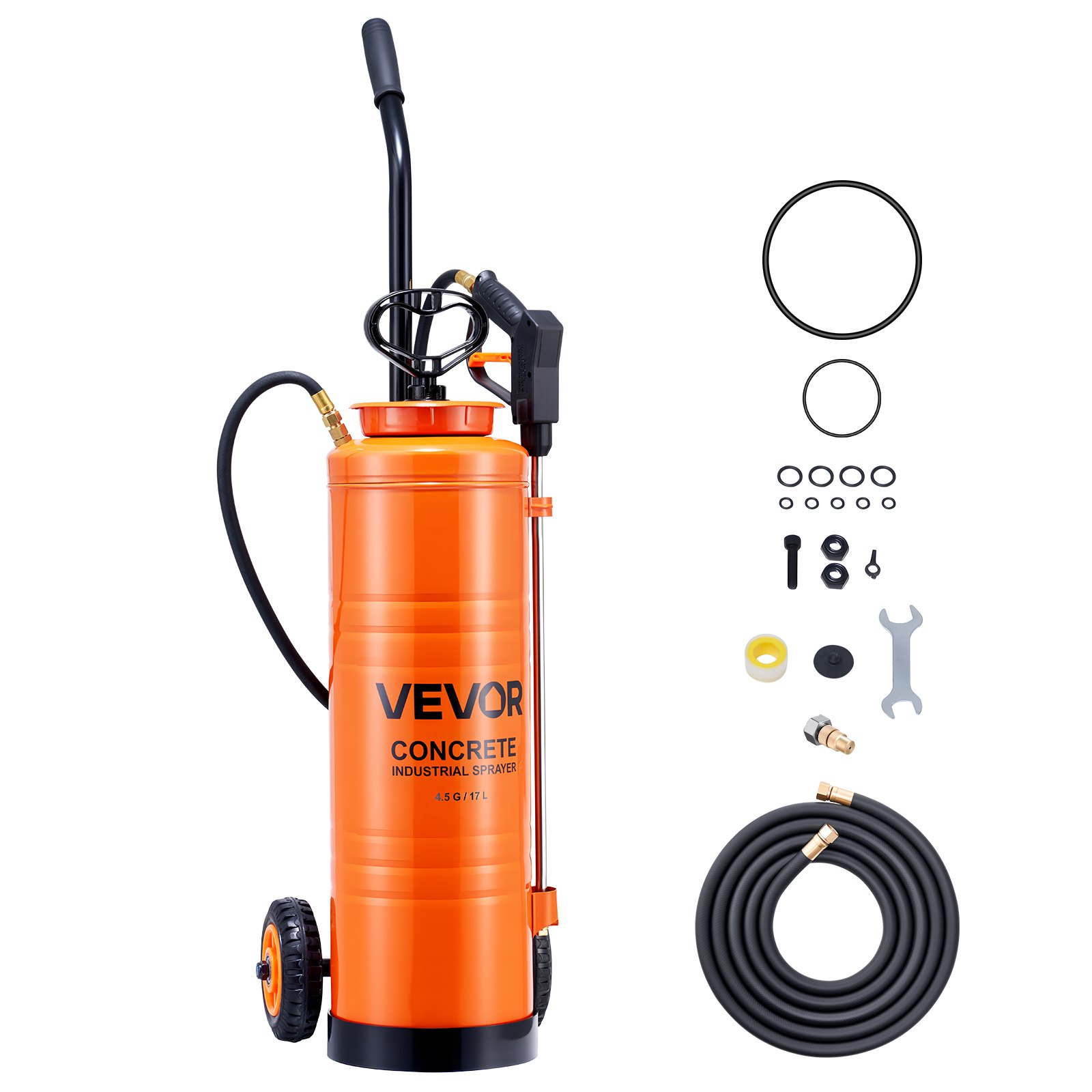 VEVOR Industrial Sprayer, 17L Large Capacity, Stainless Steel Concrete Sprayer with Ergonomic Handle & Removable Cart, 1.2 m & 3 m Hose, Concrete Sealer Sprayers for Form Oils Construction