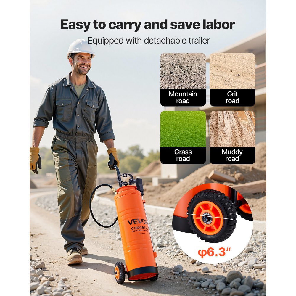 VEVOR Industrial Concrete Sprayer with Wheeled Cart, 19L Stainless Steel Sprayer, Heavy Duty Tri-Poxy Pump Sprayers, 52cm Wand, 1.2m & 3m Hoses, 2 Brass Nozzles for Construction, Lawn & Garden