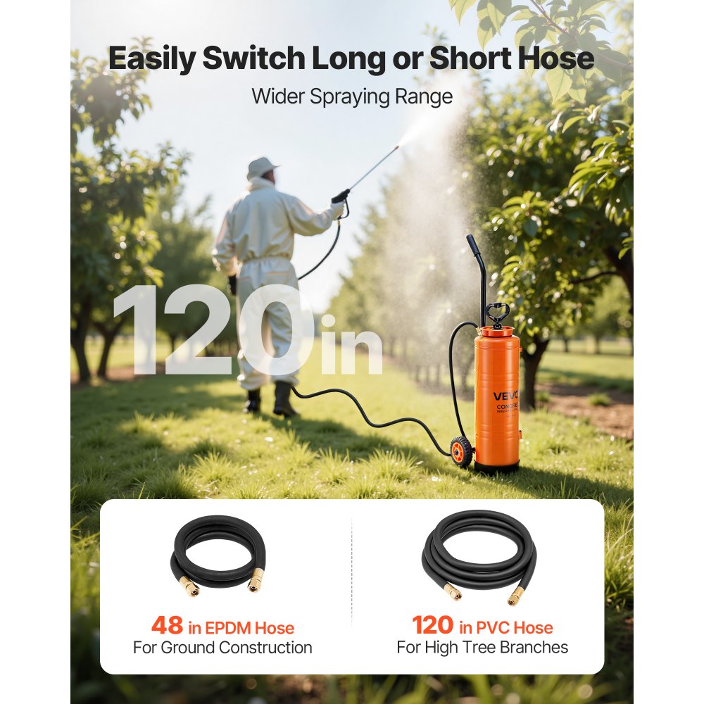 VEVOR Industrial Concrete Sprayer with Wheeled Cart, 19L Stainless Steel Sprayer, Heavy Duty Tri-Poxy Pump Sprayers, 52cm Wand, 1.2m & 3m Hoses, 2 Brass Nozzles for Construction, Lawn & Garden