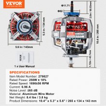 VEVOR 279827 Dryer Motor, Compatible with Kenmore, Whirlpool, KitchenAid, Roper Dryer, Replaces 279827, AP3094245, 26000299992, 336351, 3388209, 4319349, 660199, 786067, 8066206, W10194250, W10448892