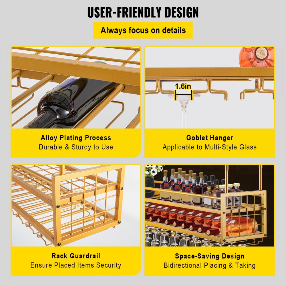 VEVOR Ceiling-Mounted Bar Wine Rack Wine Glass Hanging Rack 46.9x11.8in Gold