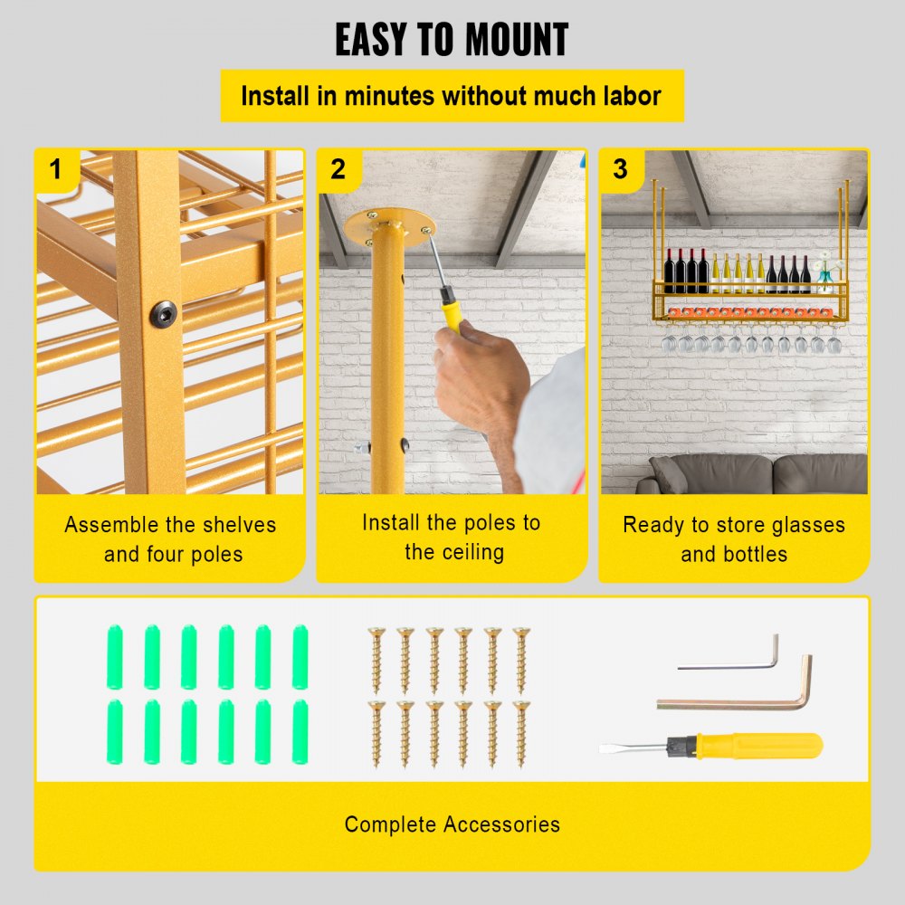 VEVOR Ceiling-Mounted Bar Wine Rack Wine Glass Hanging Rack 46.9x11.8in Gold