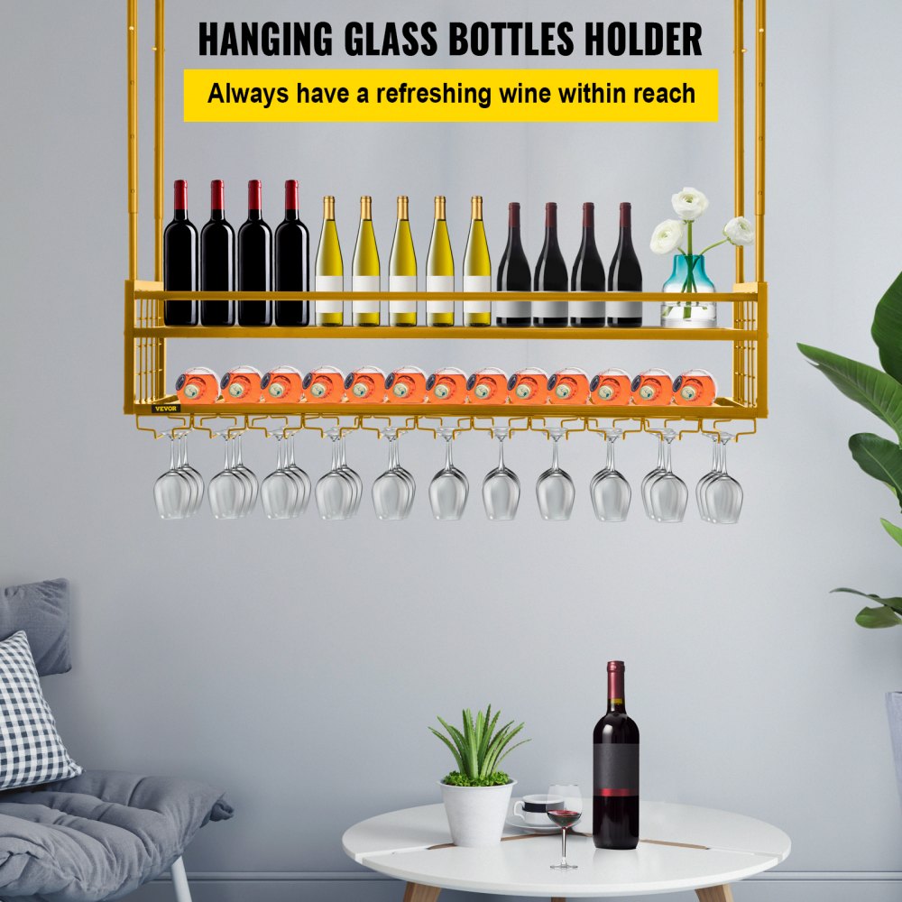 VEVOR Estante para copas de vino de techo, estante para copas de vino colgante de 46,9 x 11,8 pulgadas, gabinete para colgar copas de vino de altura ajustable de 18,9-35,8 pulgadas, estante para copas de vino dorado montado en la pared, perfecto para bar, cafetería, cocina