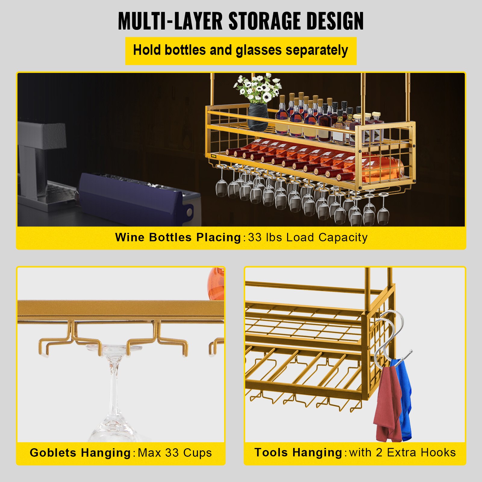 VEVOR Ceiling-Mounted Bar Wine Rack Wine Glass Hanging Rack 46.9x11.8in Gold