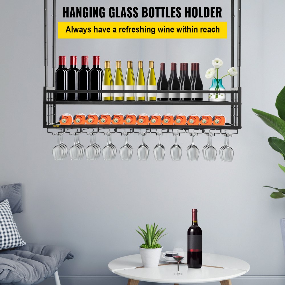 VEVOR Ceiling Wine Glass Rack, 46.9 x 11.8 inch Hanging Wine Glass Rack, 18.9-35.8 inch Height Adjustable Hanging Wine Rack Cabinet, Black Wall-Mounted Wine Glass Rack Perfect for Bar Cafe Kitchen