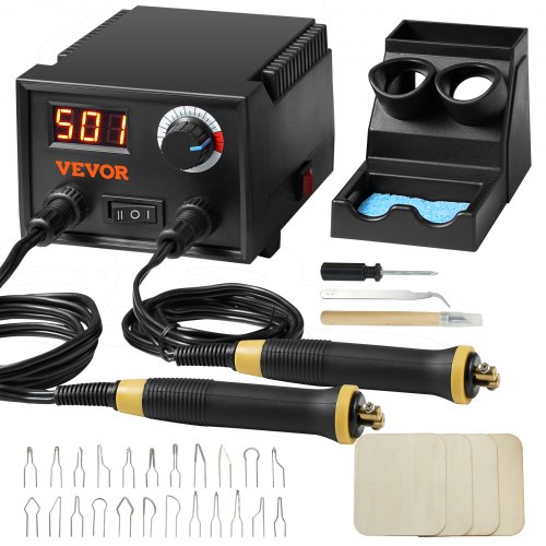 VEVOR Wood Burning Kit, 200~700°C Adjustable Temperature with Display, Dual Output Port with 2 Pyrography Pens, 23 Wire Nibs, 4 Wood Chip, 1 Pen Holder, 1 Screwdriver, 1 Knife, 1 Tweezers, 1 Sponge