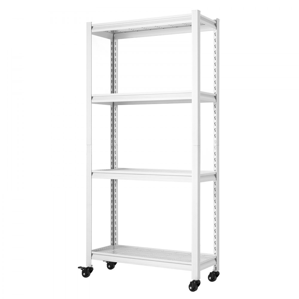 VEVOR Storage Shelves, 4-Tier Garage Shelving Wheels 76.2 x 31.3 x 160 cm, for Garage, Basement, Warehouse, Kitchen, 362.9 kg Static Load, Heavy-Duty Metal Unit, Adjustable Racks, with Gloves, White